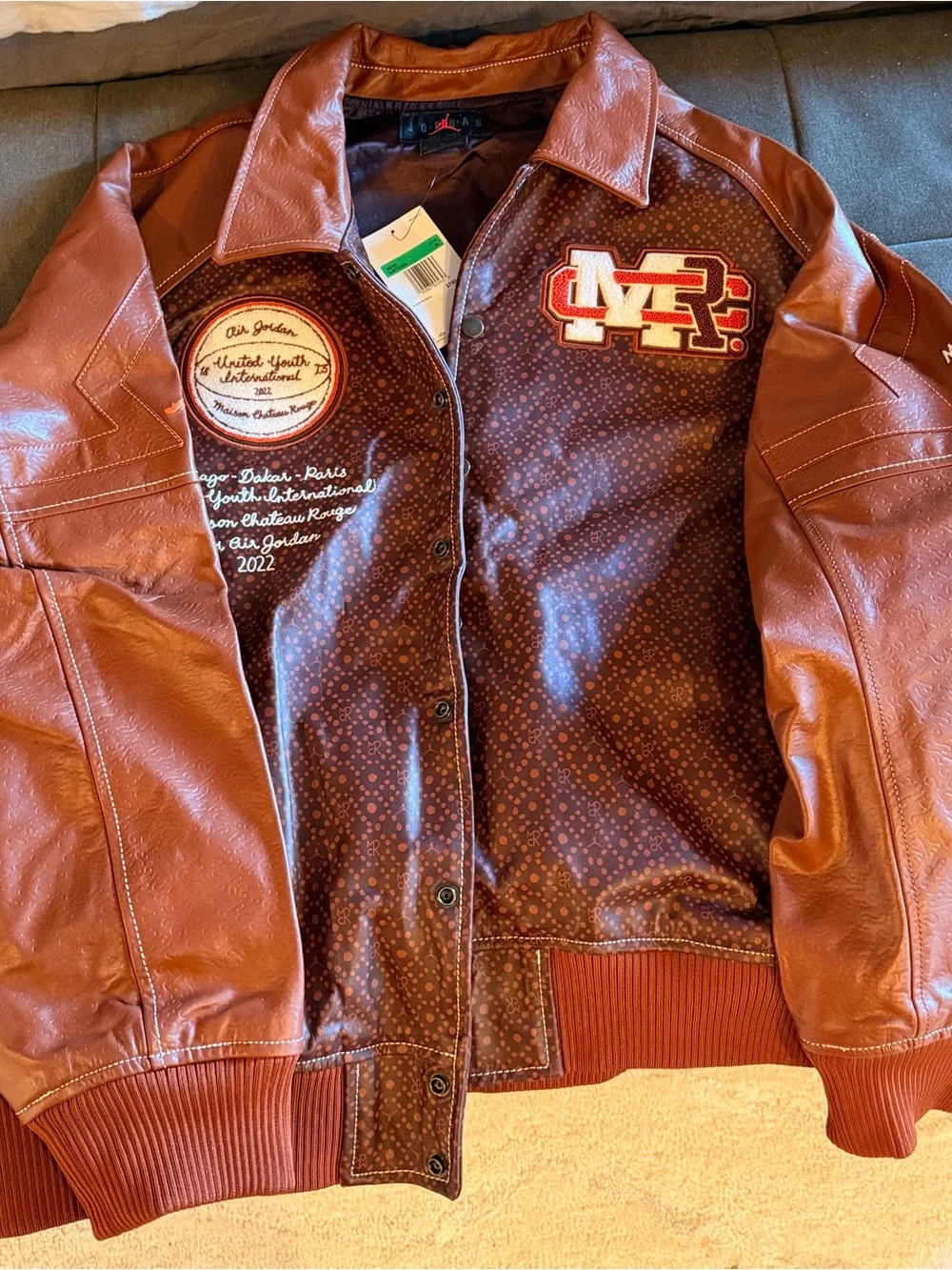 Air Jordan Maison Chateau Rouge Leather Flight Jacket Brown Basalt XL NWT